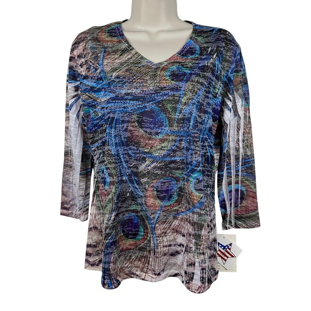 NEW Jess & Jane Vtg Knit Blouse Top Blue Peacock Pattern Embellished S Artsy USA